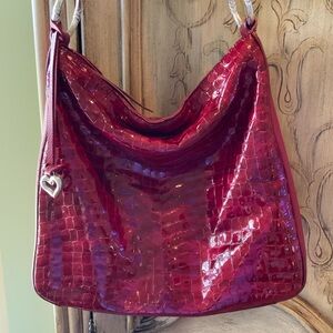 Brighton Red Crocodile-Embossed Patent Leather Large Hobo Shoulder Women's Bag